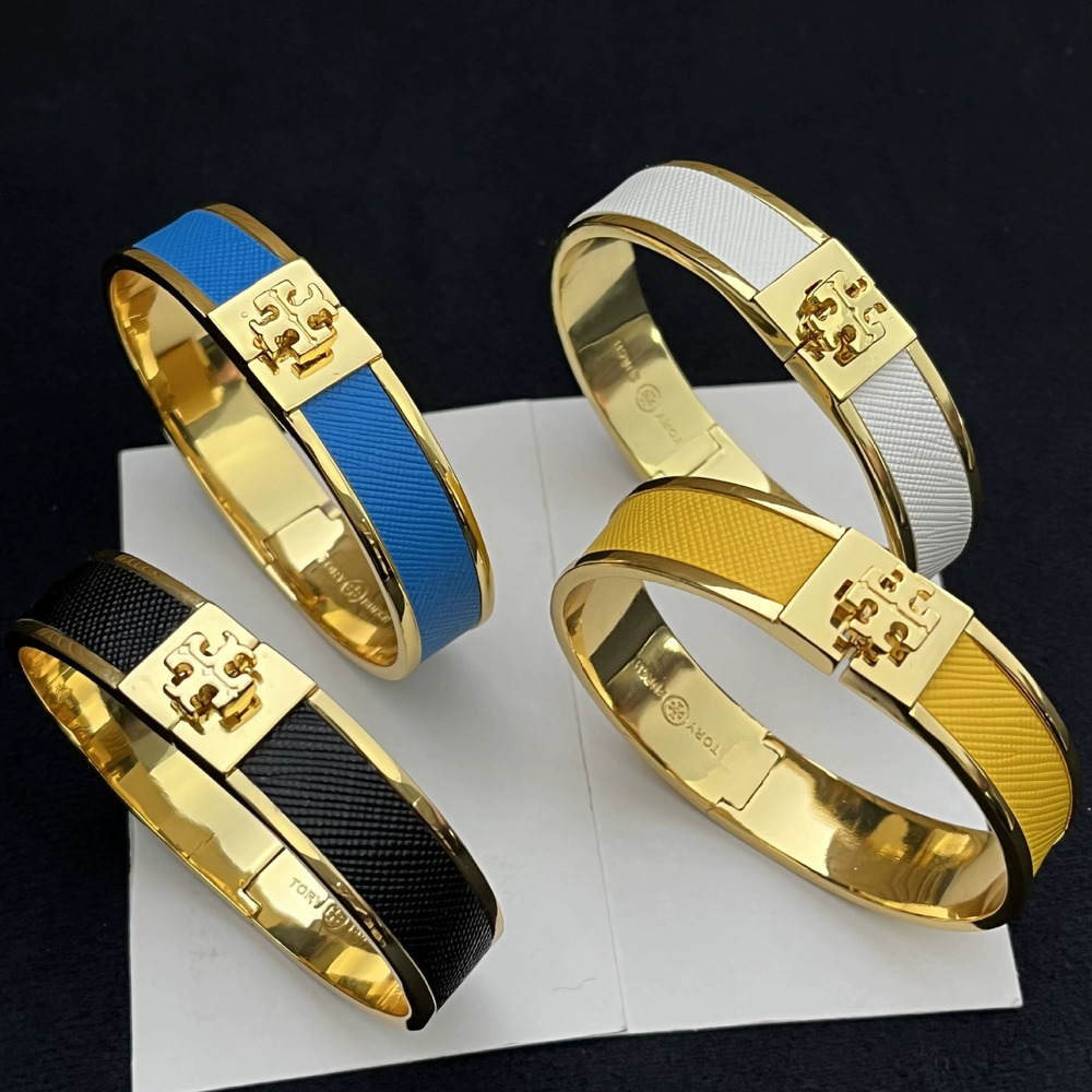 Tory Burch Inlaid Color Leather Clasp Metal Wide Bracelet